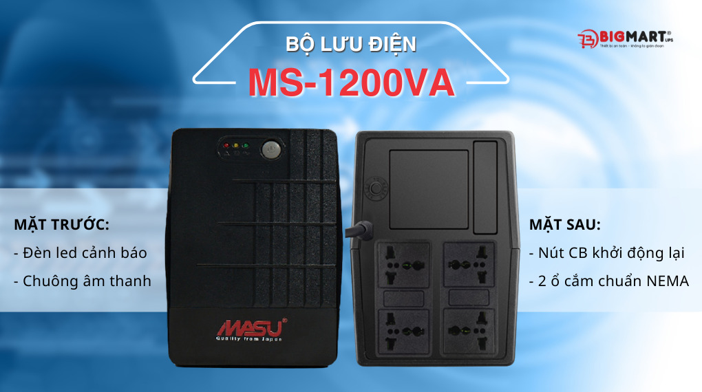 Bộ lưu điện 1200VA giao diện trước và sau