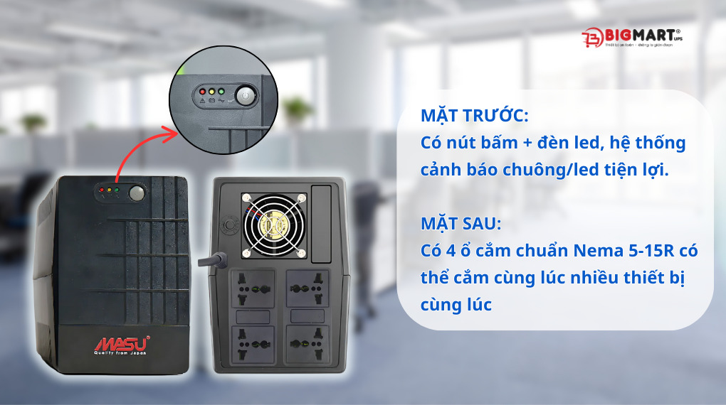 Bộ lưu điện Masu MS-2200VA giao diện trước và sau