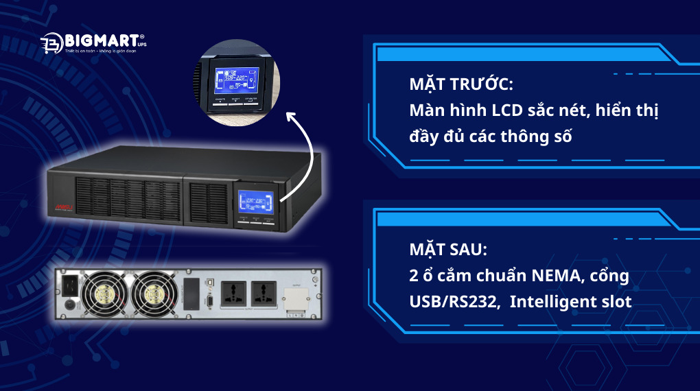 Bộ lưu điện Masu MS-2KR LCD - giao diện trước và sau