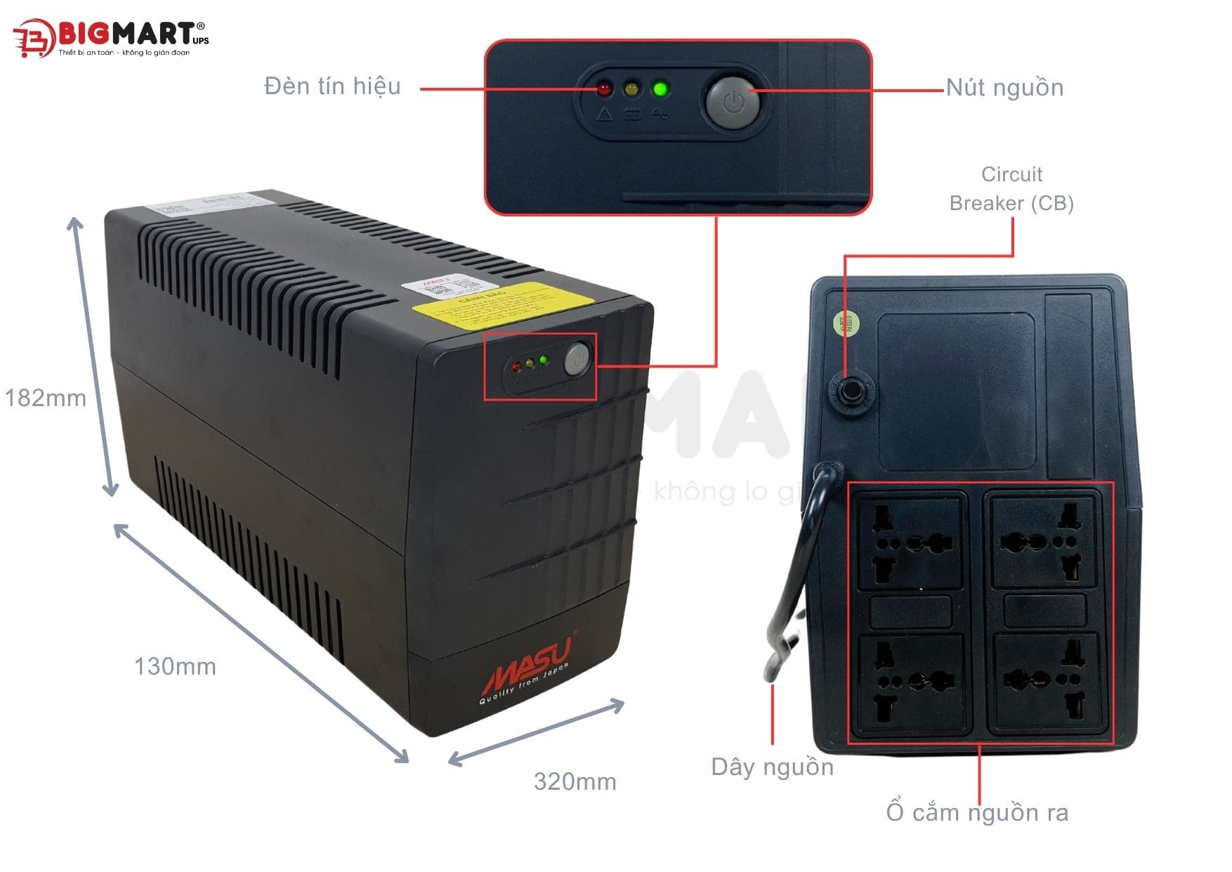 Bảng thông số Bộ lưu điện MASU MS-1200VA (600W)
