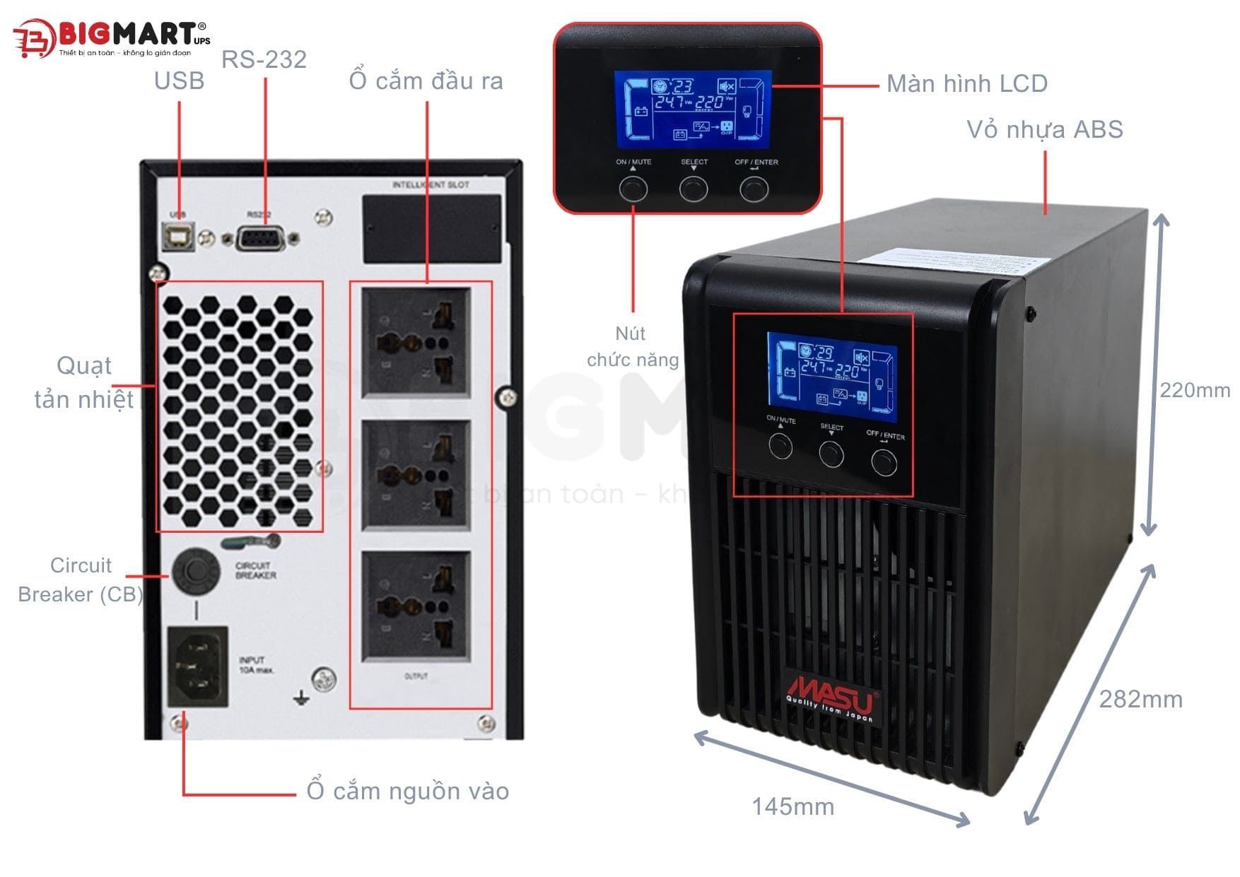 Bảng thông số Bộ lưu điện MASU MS-1K LCD (1000VA/900W)