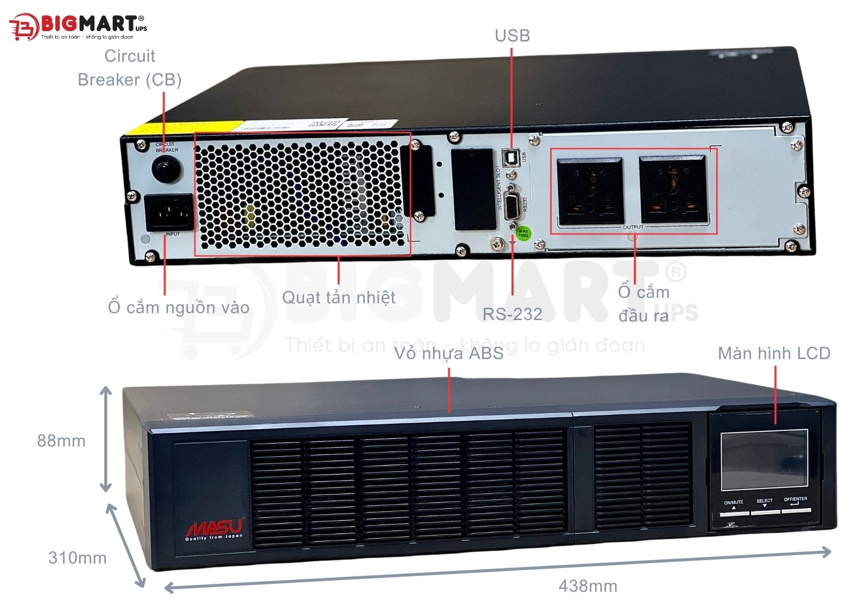 Bảng thông số Bộ lưu điện Masu MS-1KR LCD (1000VA/900W)