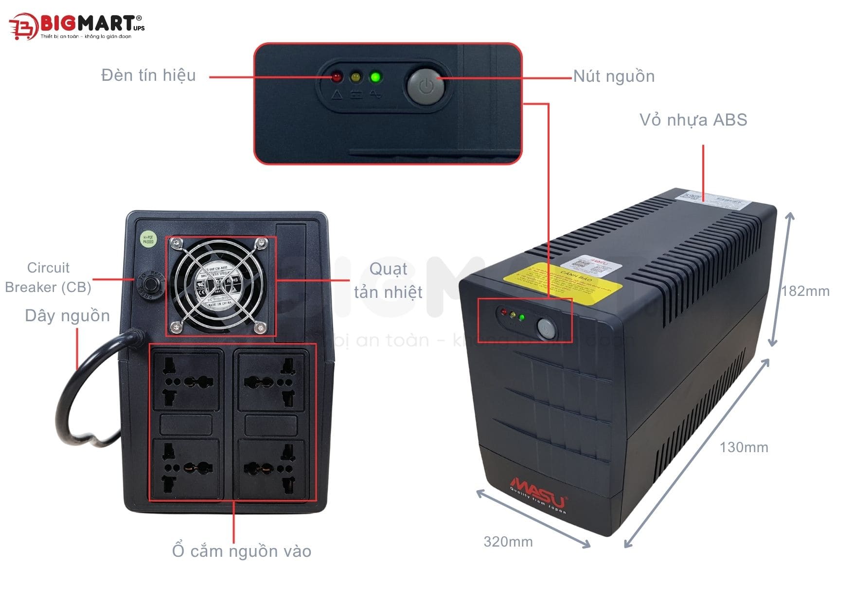Bảng thông số Bộ lưu điện MASU MS-2200VA (1200W)