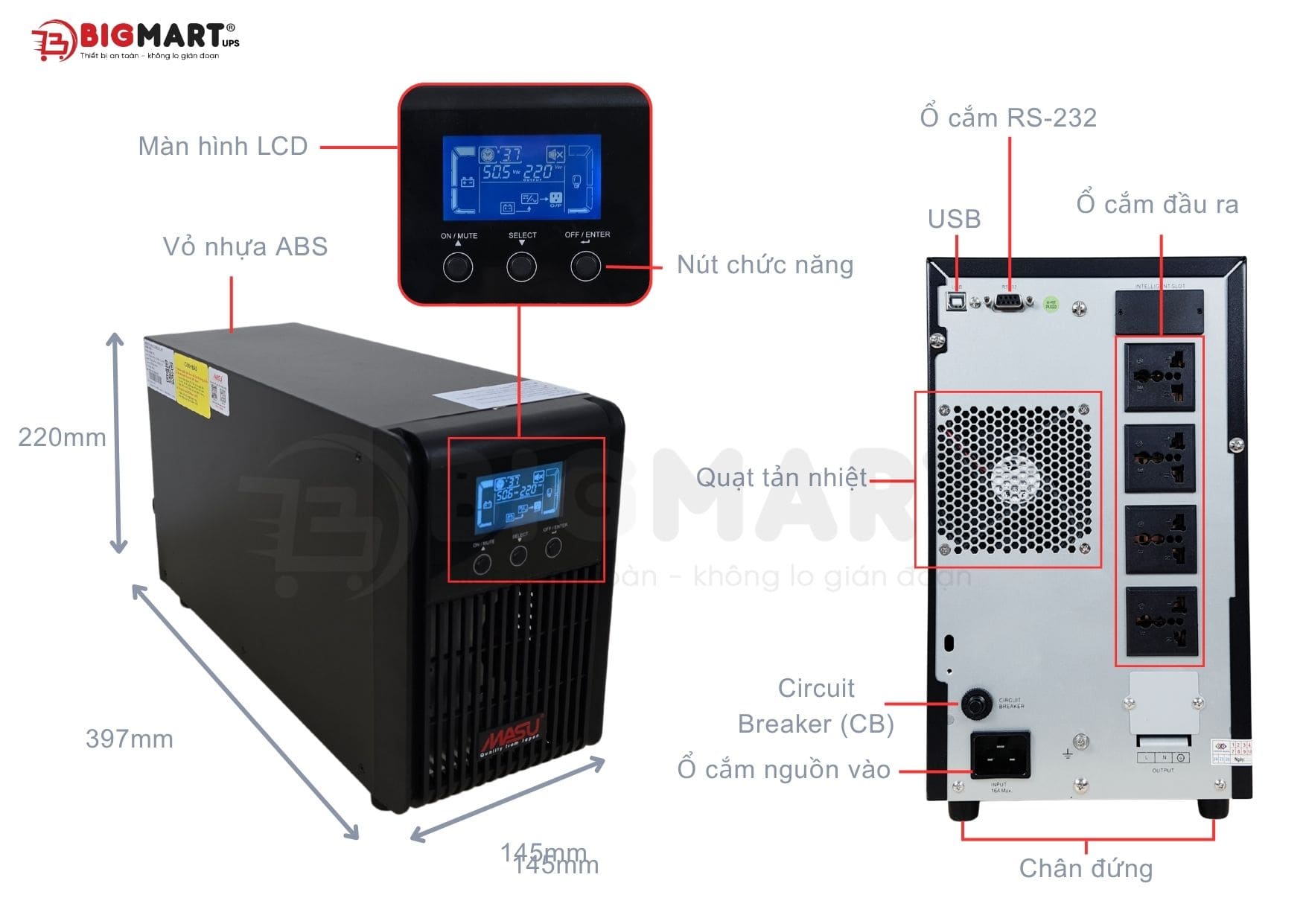 Bảng thông số Bộ lưu điện MASU MS-2K LCD (2000VA/1800W)