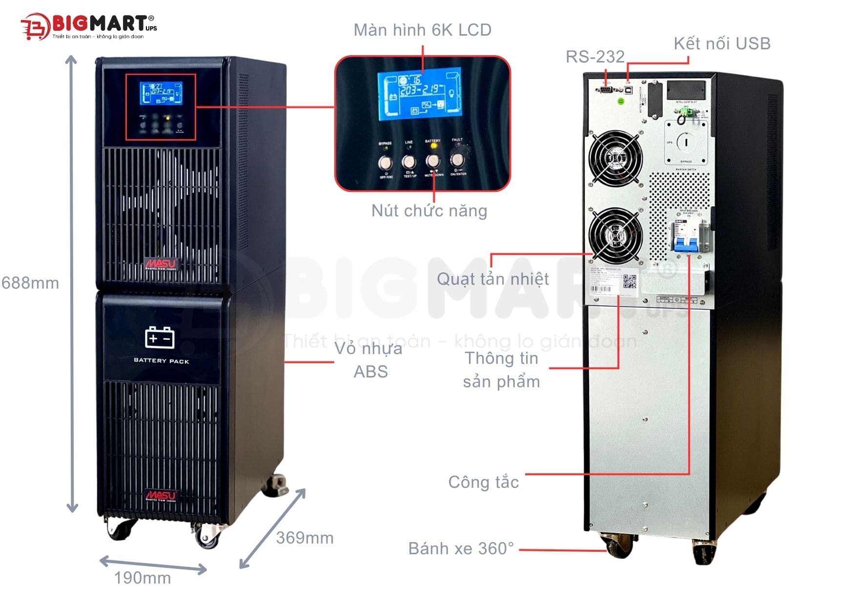 Bảng thông số Bộ lưu điện Masu MS-6K LCD (6KVA/5400W)