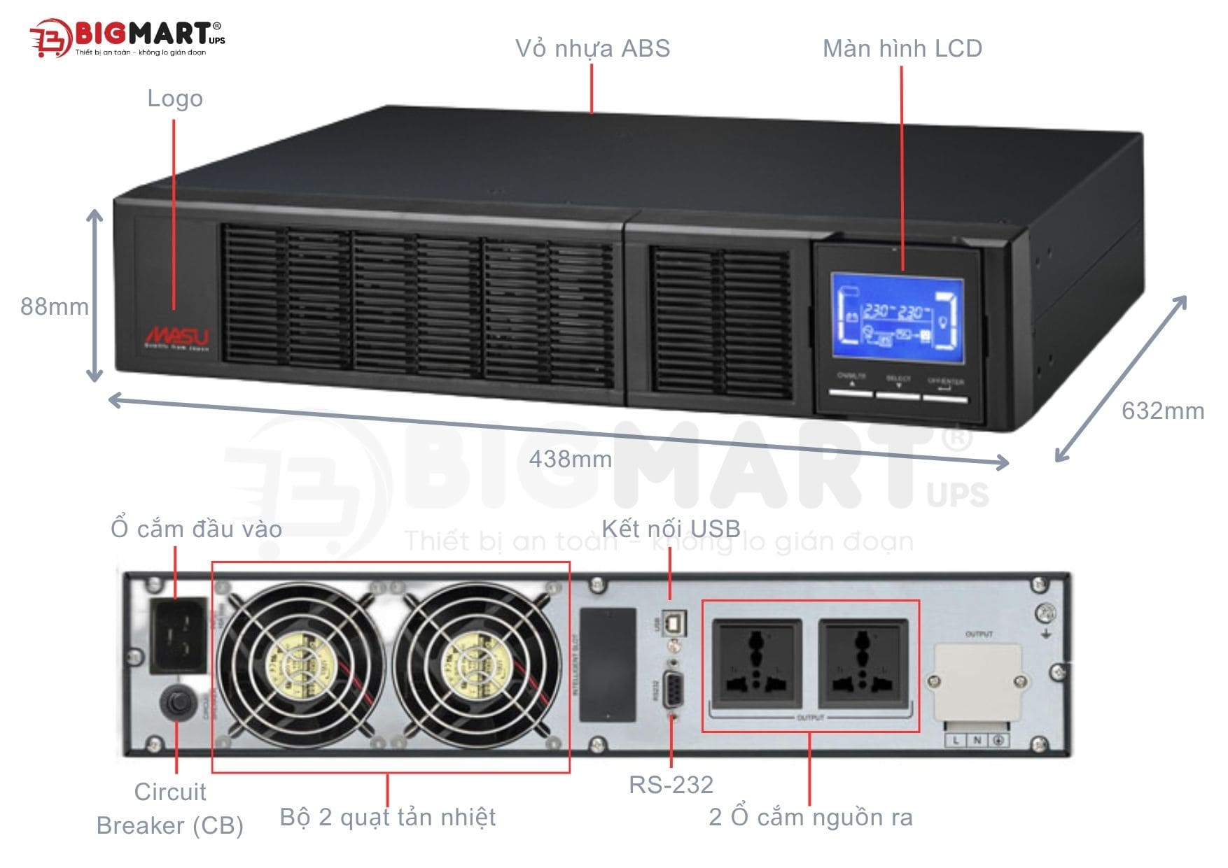 Bảng thông số Bộ lưu điện Masu MS-3KR LCD (3000VA/2700W)