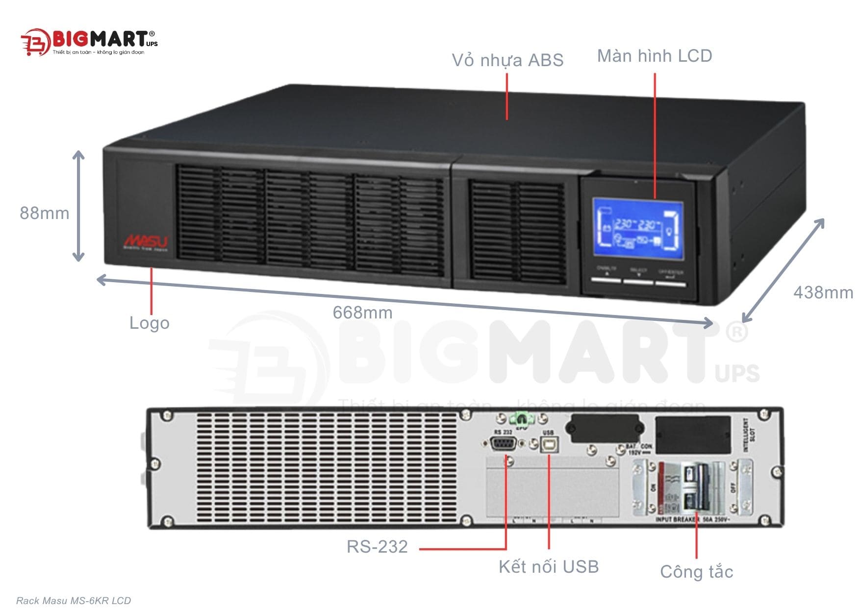 Bảng thông số Bộ lưu điện Masu MS-6KR LCD (6KVA/5400W)